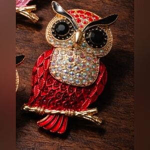 Red & Golden, Mint Colorful Crystal Owl Brooch, Chunky.